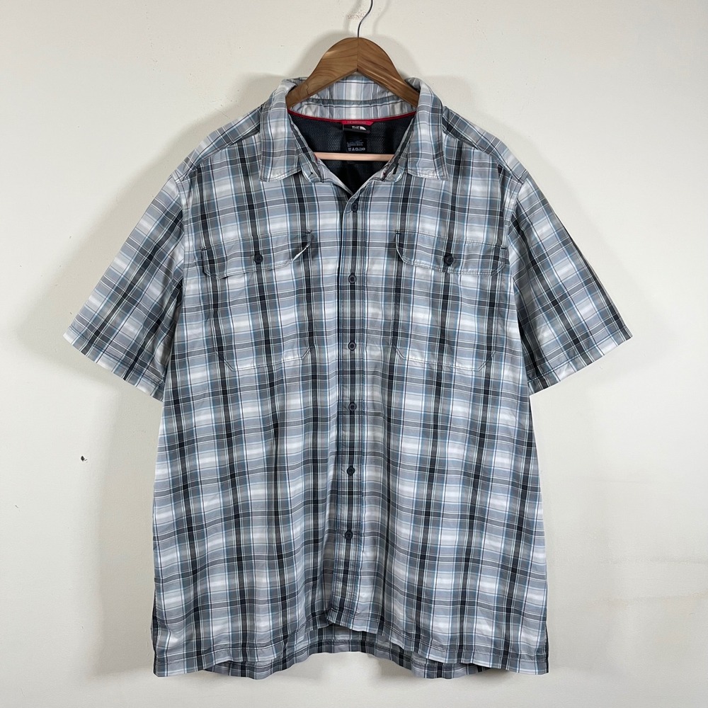 The North Face Short Sleeve Plaid Button Down Utility Gorpcore Blue Grey Sz XXL